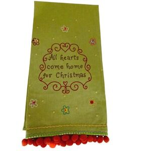 Natural Life All Hearts Come Home for Christmas Embroidery Hand Towel Pom‎ Poms